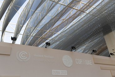 Boards around the COP 28 venue, Dubai