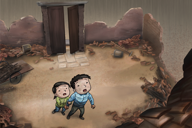 Xiaoshuai and Xiaomei in their house destroyed by earthquake – an illustration from PAGER-O project's earthquake resilience scenario narrative. 