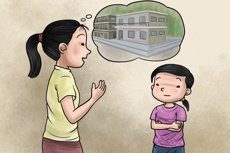 Xiaomei and her mother discussing new earthquake resistant school building – an illustration from PAGER-O project's earthquake resilience scenario narrative. 