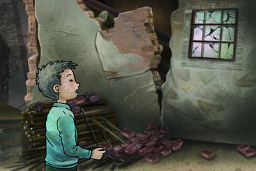 Xiaoshuai finds his house destroyed by an earthquake – an illustration from PAGER-O project's earthquake resilience scenario narrative. Illustrator: Siu Kuen Lai