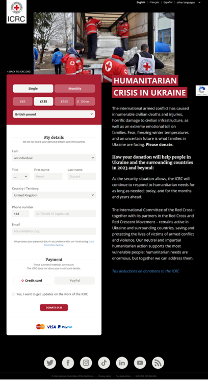 The ICRC Ukraine appeal page features Red Cross workers wearing logos and unloading a truck