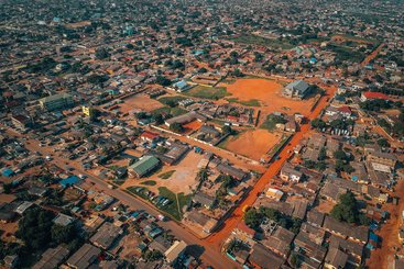 A drone shot of the vast landscape of Ghana, Accra.